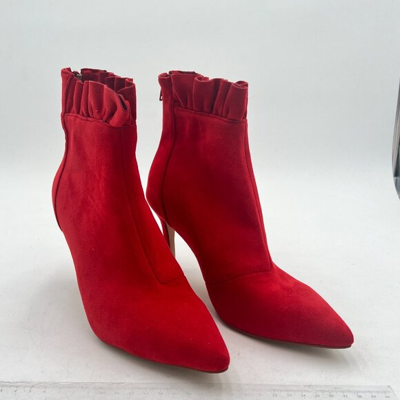 YDN Red Cute Ruffles Ankle Boots Stiletto Heels Pointed Toe Back Zipper Booties - Picture 4 of 8